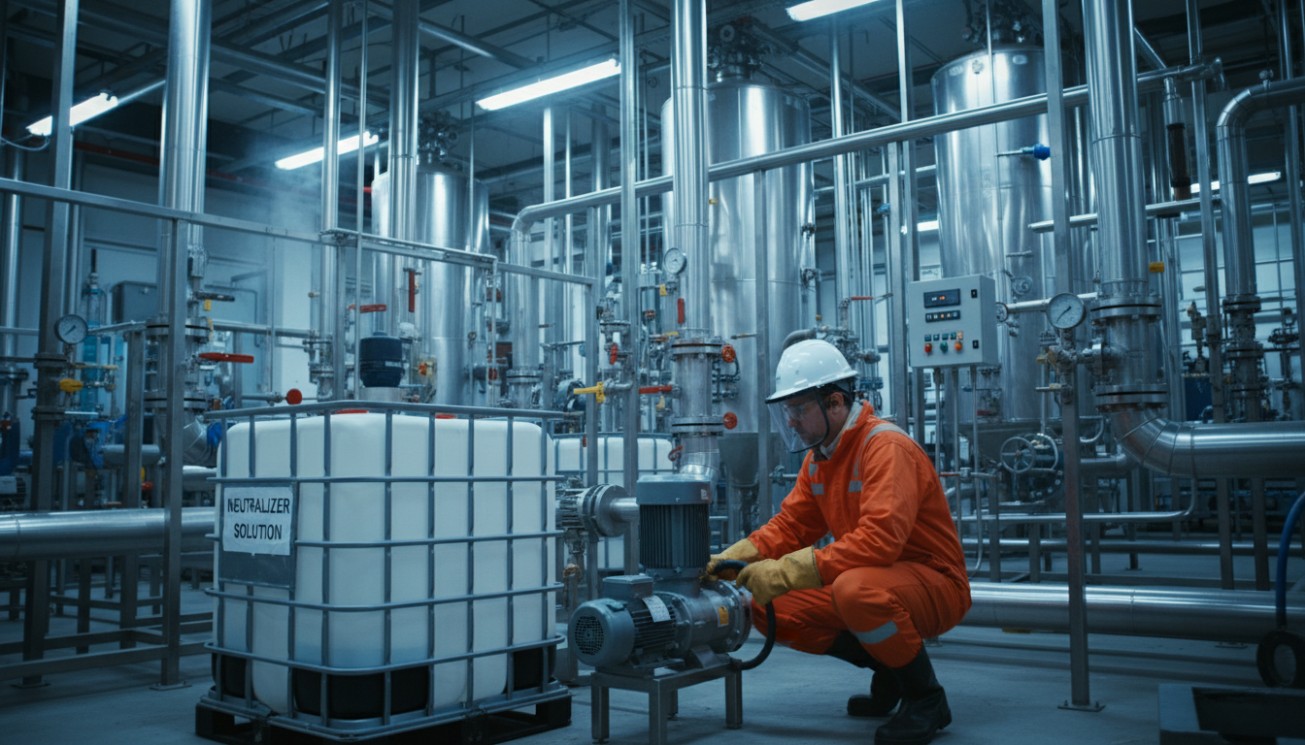Technician checking a refinery neutralizer metering pump beside the chemical storage tank